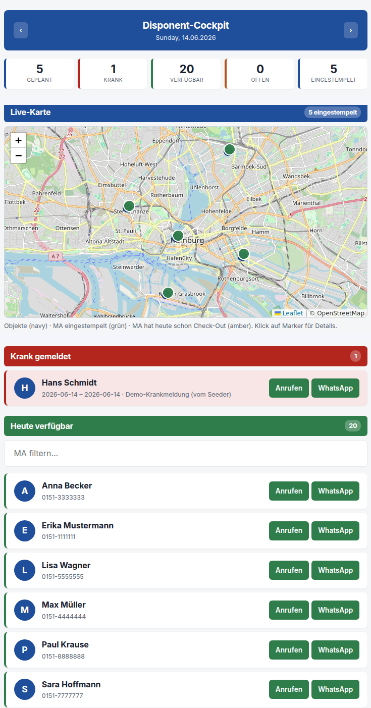 Postplan Disponenten-Cockpit mit GPS-Live-Karte und sofort verfügbaren Mitarbeitern