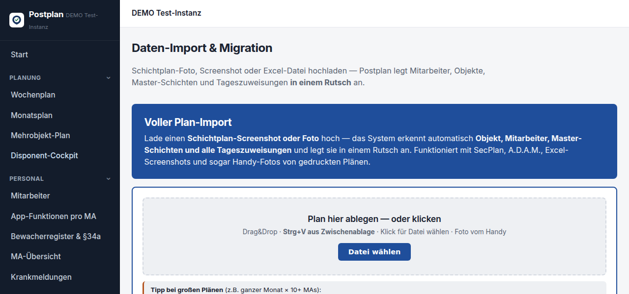 Postplan Plan-Import – alten Schichtplan als Foto, Screenshot oder Excel hochladen, das System legt Objekte, Mitarbeiter und Schichten automatisch an